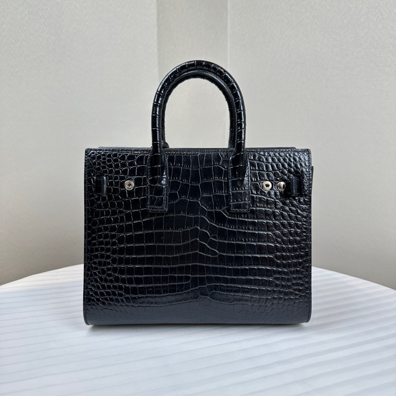 聖羅蘭/Saint laurent Sac De Jour 銀扣黑色鱷魚壓紋牛皮風琴包22x11x18xm-1