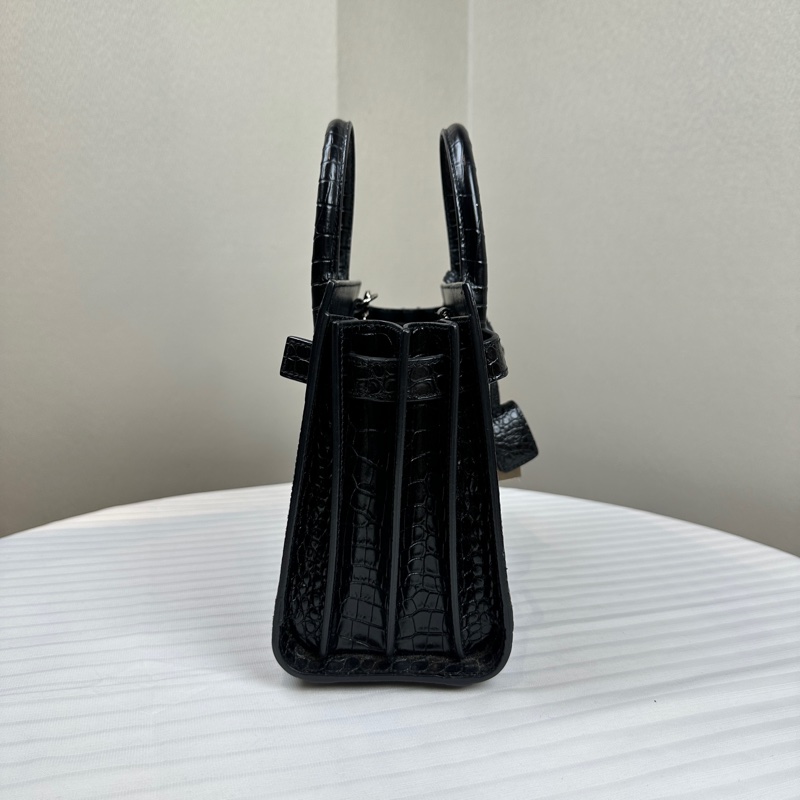 聖羅蘭/Saint laurent Sac De Jour 銀扣黑色鱷魚壓紋牛皮風琴包22x11x18xm-2