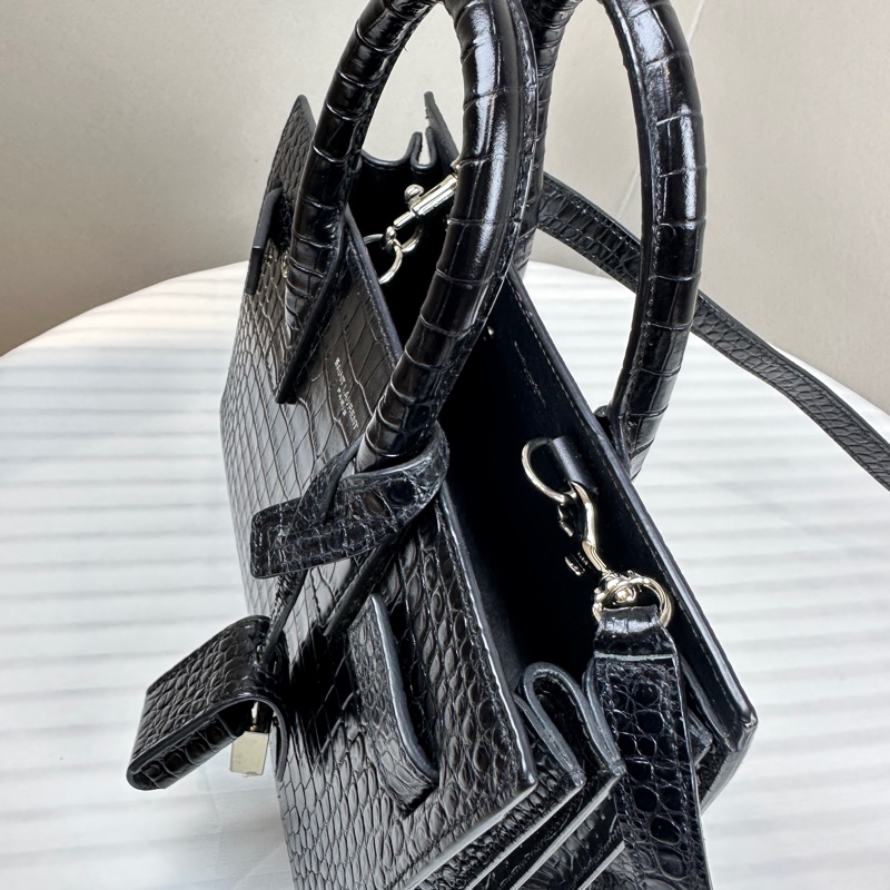 聖羅蘭/Saint laurent Sac De Jour 銀扣黑色鱷魚壓紋牛皮風琴包22x11x18xm-4