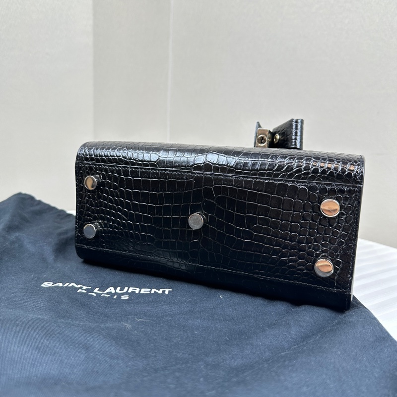 聖羅蘭/Saint laurent Sac De Jour 銀扣黑色鱷魚壓紋牛皮風琴包22x11x18xm-5