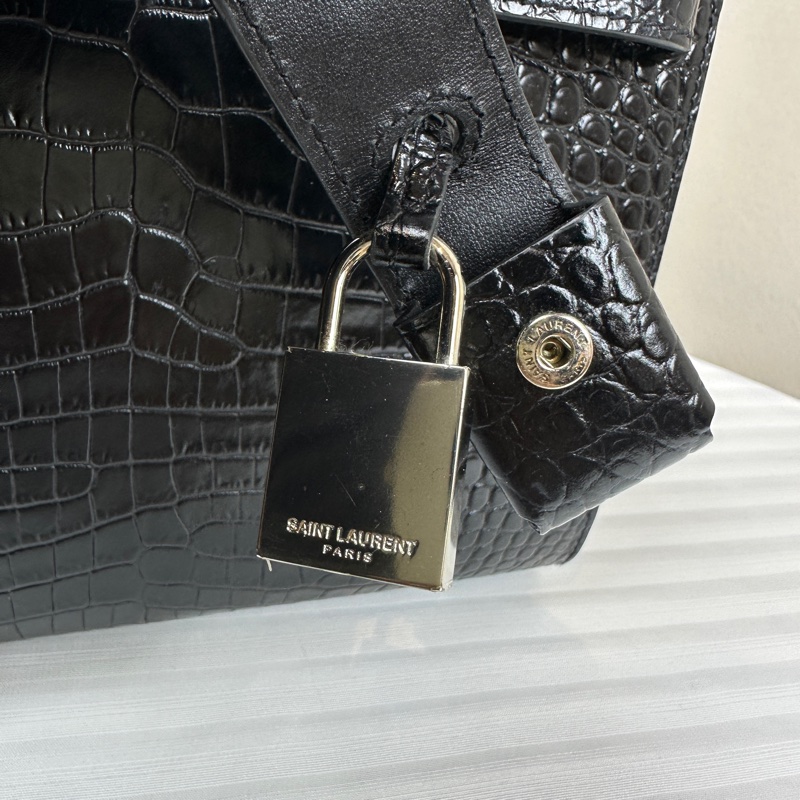 聖羅蘭/Saint laurent Sac De Jour 銀扣黑色鱷魚壓紋牛皮風琴包22x11x18xm-6
