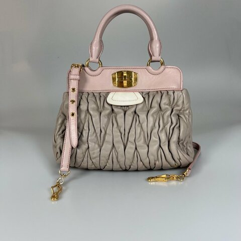 MIUMIU 灰拚粉金扣褶皺手提斜背包