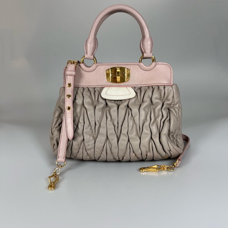 MIUMIU 灰拚粉金扣褶皺手提斜背包-0
