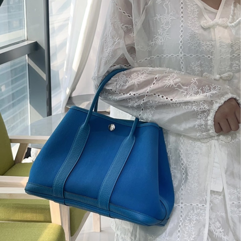 HERMES 7W伊茲密爾藍帆布銀釦Garden party 30cm-0