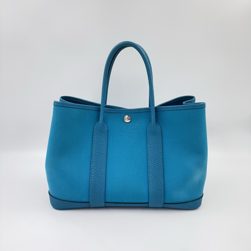 HERMES 7W伊茲密爾藍帆布銀釦Garden party 30cm-3