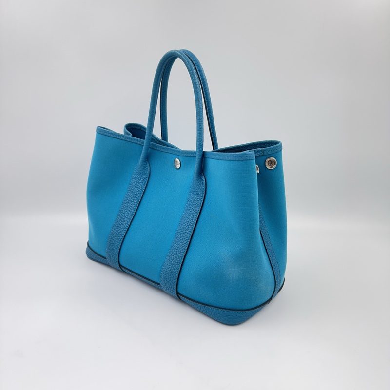 HERMES 7W伊茲密爾藍帆布銀釦Garden party 30cm-5