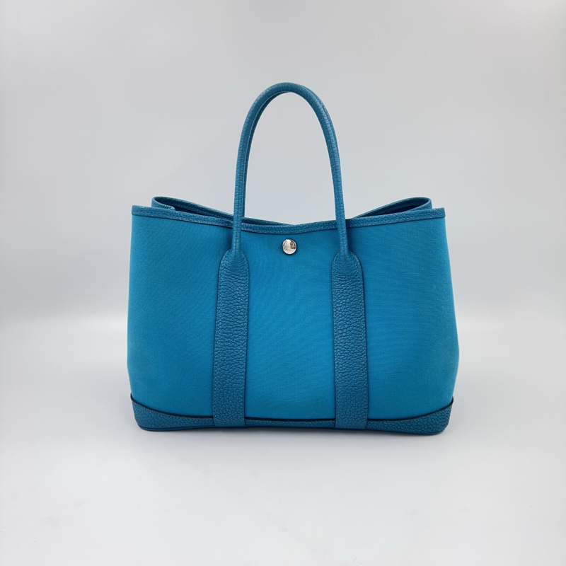 HERMES 7W伊茲密爾藍帆布銀釦Garden party 30cm-6