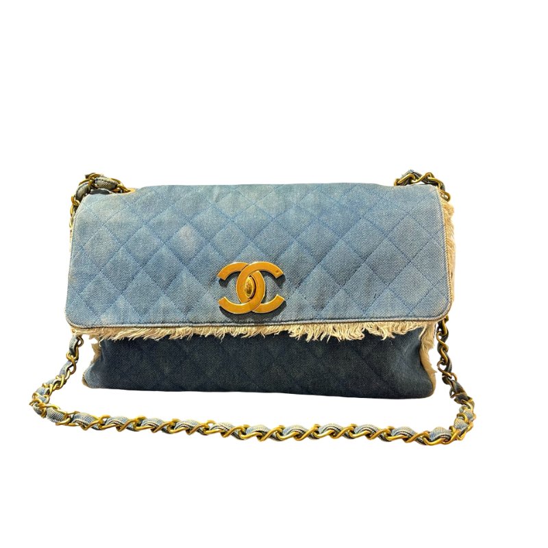 Used CHANEL Denim Matelasse Single Flap Chain Shoulder Bag Light Blue GHW-0