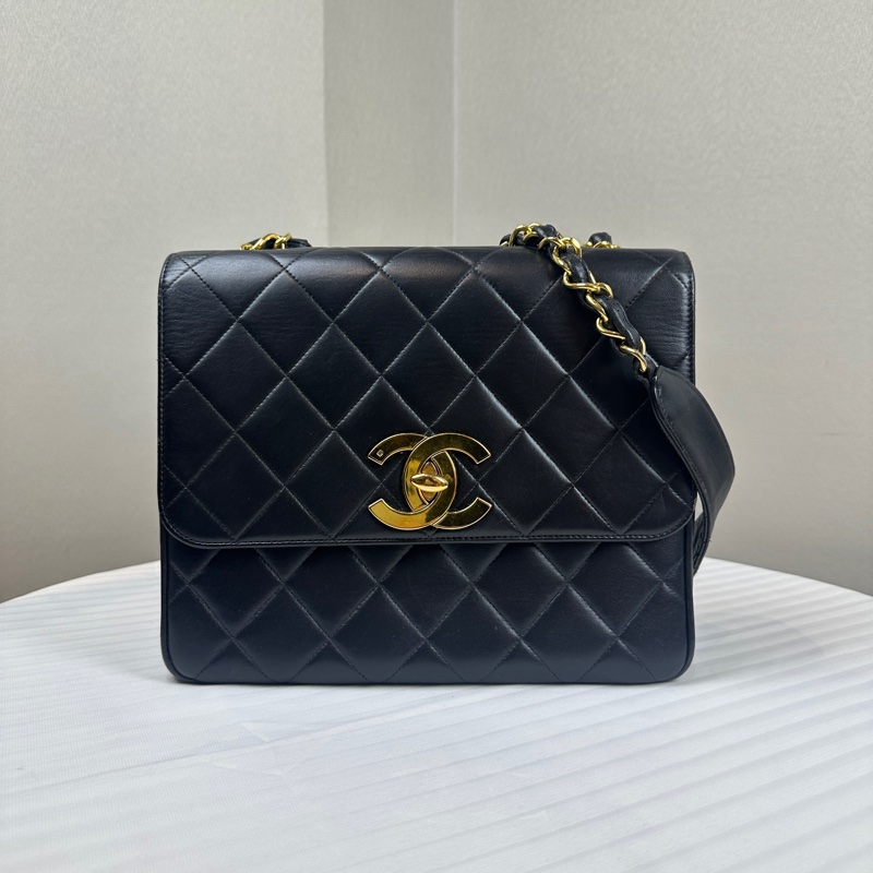 香奈兒/Chanel Vintage中古金扣黑色牛皮菱格紋單肩包25x10x20cm-0
