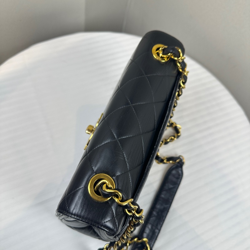 香奈兒/Chanel Vintage中古金扣黑色牛皮菱格紋單肩包25x10x20cm-4