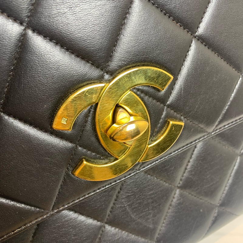 香奈兒/Chanel Vintage中古金扣黑色牛皮菱格紋單肩包25x10x20cm-6