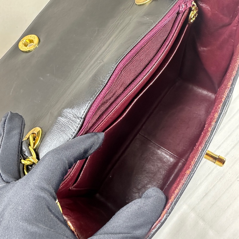 香奈兒/Chanel Vintage中古金扣黑色牛皮菱格紋單肩包25x10x20cm-8