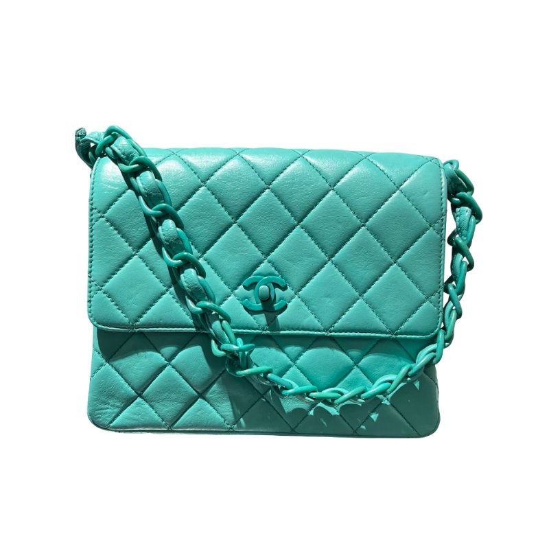 Used CHANEL Vintage flag Flat bag Green GHW-0