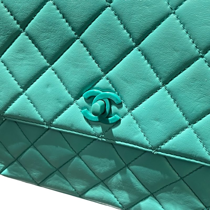Used CHANEL Vintage flag Flat bag Green GHW-11