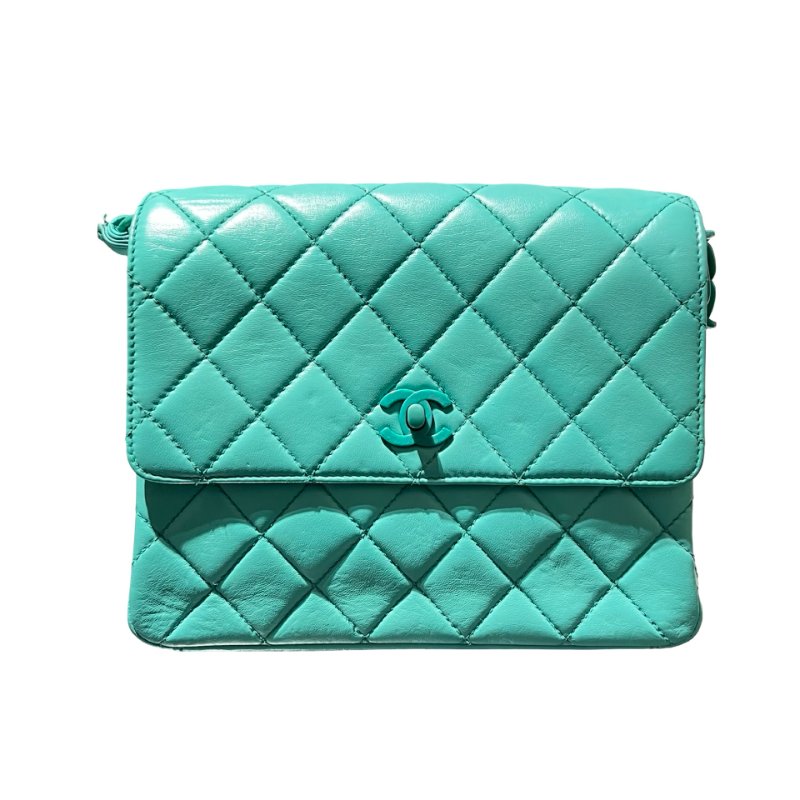 Used CHANEL Vintage flag Flat bag Green GHW-12