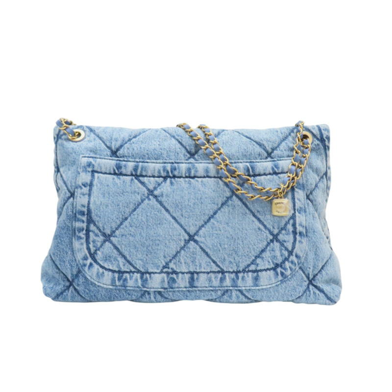 藍色 單寧布 Maxi 鍊帶 翻蓋包 金扣【CHANEL 香奈兒】 AS5727-1