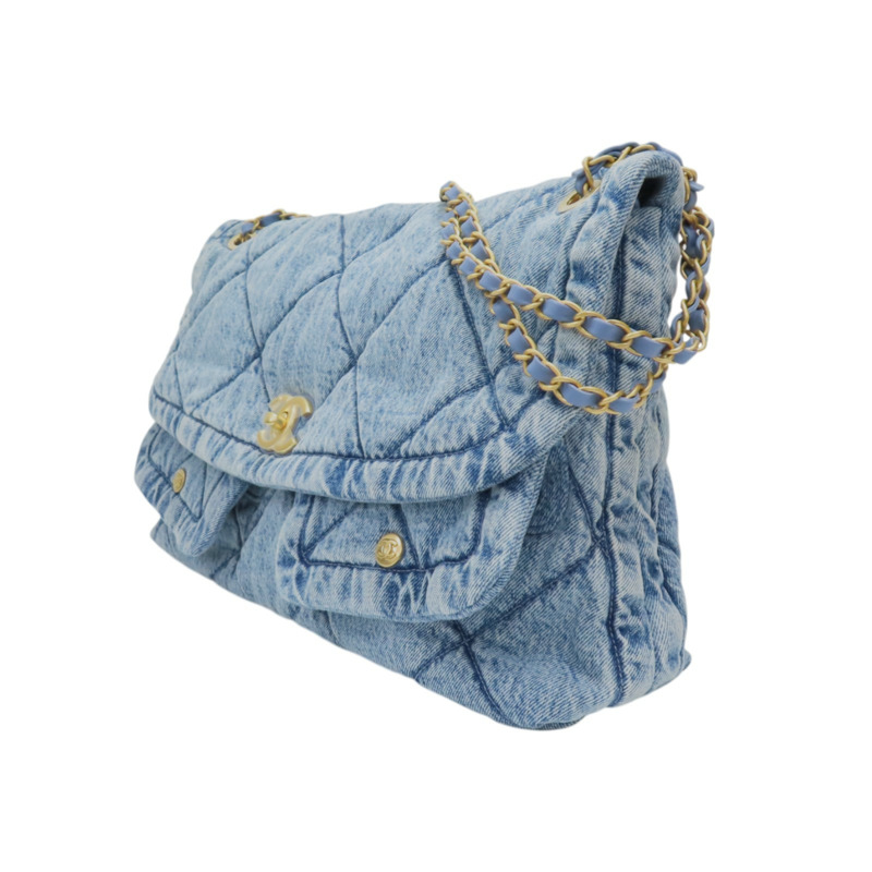 藍色 單寧布 Maxi 鍊帶 翻蓋包 金扣【CHANEL 香奈兒】 AS5727-2