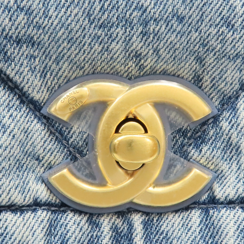 藍色 單寧布 Maxi 鍊帶 翻蓋包 金扣【CHANEL 香奈兒】 AS5727-7