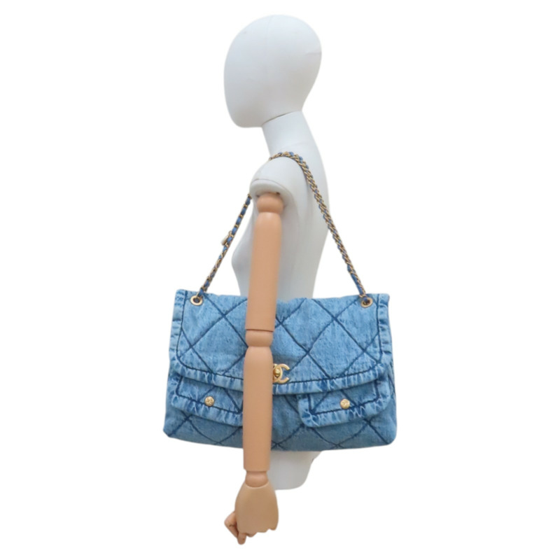藍色 單寧布 Maxi 鍊帶 翻蓋包 金扣【CHANEL 香奈兒】 AS5727-11
