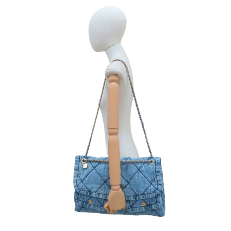 藍色 單寧布 Maxi 鍊帶 翻蓋包 金扣【CHANEL 香奈兒】 AS5727-12