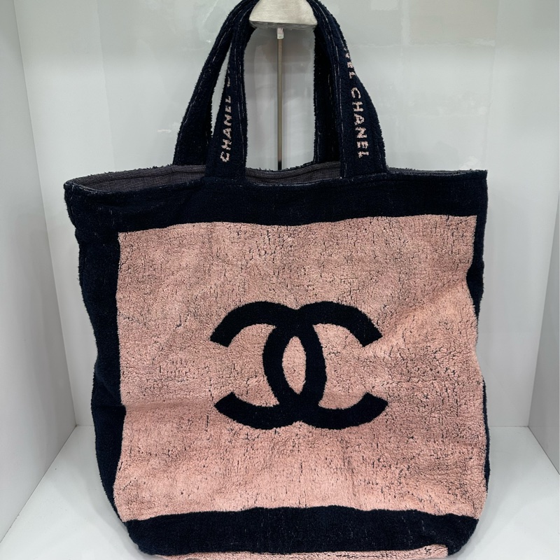 Chanel 20C 毛巾布料沙灘包 粉拼深藍色-1