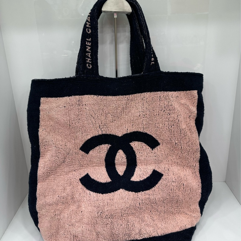 Chanel 20C 毛巾布料沙灘包 粉拼深藍色-2