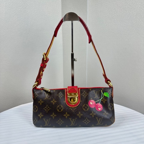 路易威登 /Louis Vuitton LV村上隆聯名 金扣棕色櫻桃圖案蜥蜴皮拼色單肩包26x2x12cm