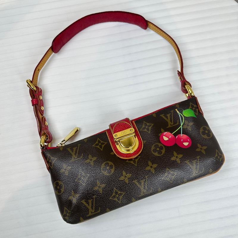 路易威登 /Louis Vuitton LV村上隆聯名 金扣棕色櫻桃圖案蜥蜴皮拼色單肩包26x2x12cm-1
