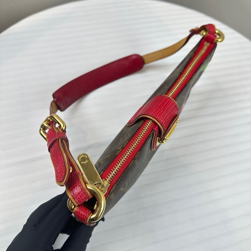 路易威登 /Louis Vuitton LV村上隆聯名 金扣棕色櫻桃圖案蜥蜴皮拼色單肩包26x2x12cm-3