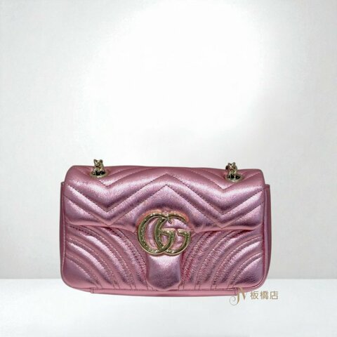 JY0330-GUCCI 金絲亮粉色淡金釦GG Marmont系列小號下蓋肩背包 837280