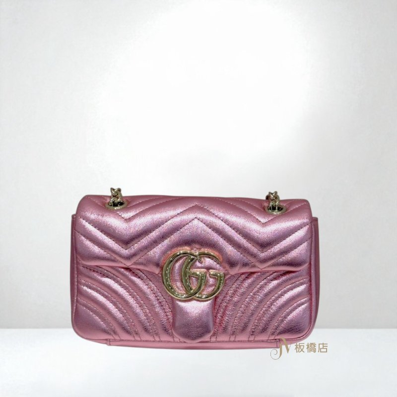 JY0330-GUCCI 金絲亮粉色淡金釦GG Marmont系列小號下蓋肩背包 837280-0