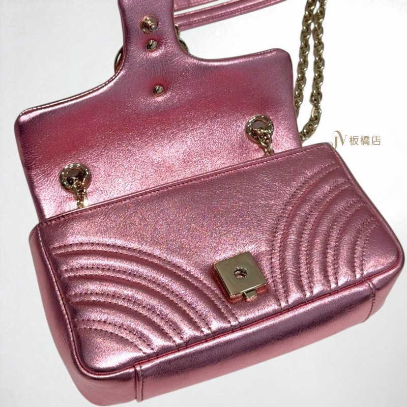 JY0330-GUCCI 金絲亮粉色淡金釦GG Marmont系列小號下蓋肩背包 837280-5
