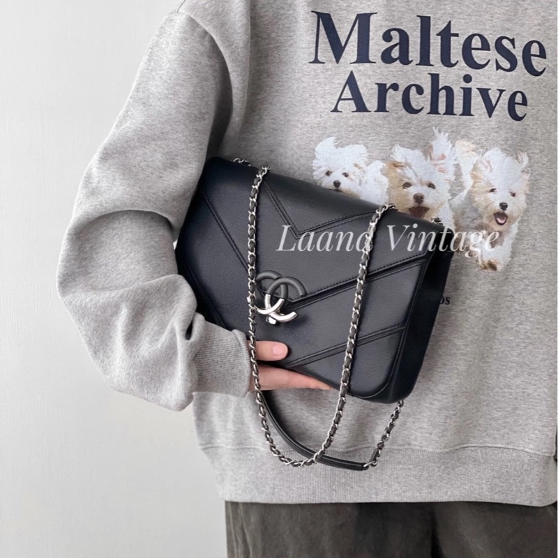 ✨Chanel 黑銀荔枝皮古巴 extra CF 黃金中號 包型立挺 有保卡🖤-1