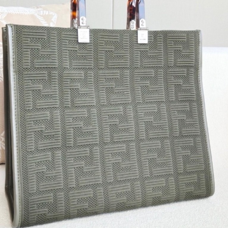 Fendi Sunshine Medium 玳瑁手把 手提肩背2用托特包 深綠色針織紋-7