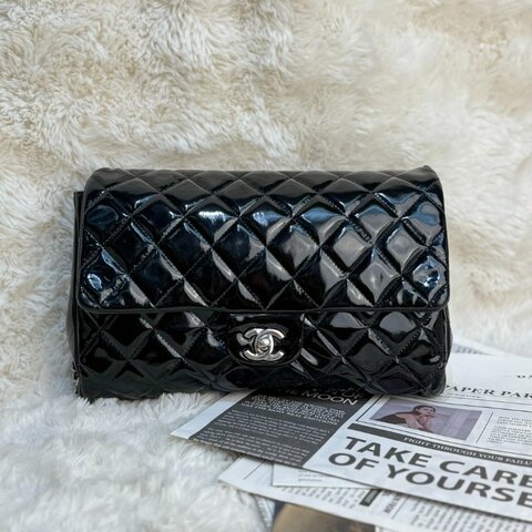 Chanel 黑銀漆皮 單肩鏈條包