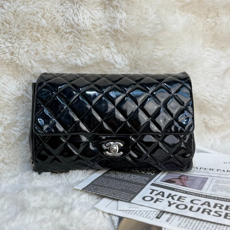 Chanel 黑銀漆皮 單肩鏈條包-0