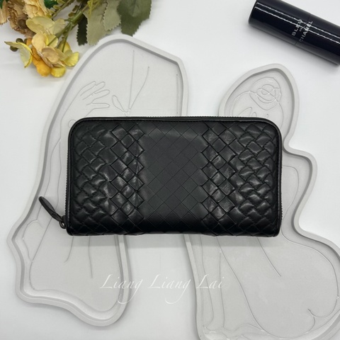 BOTTEGA VENETA BV 經典編織黑色小牛皮拉鍊長夾
