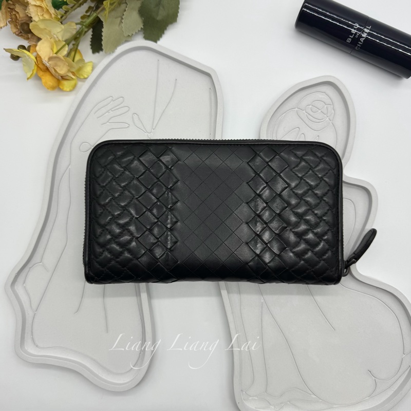 BOTTEGA VENETA BV 經典編織黑色小牛皮拉鍊長夾-1