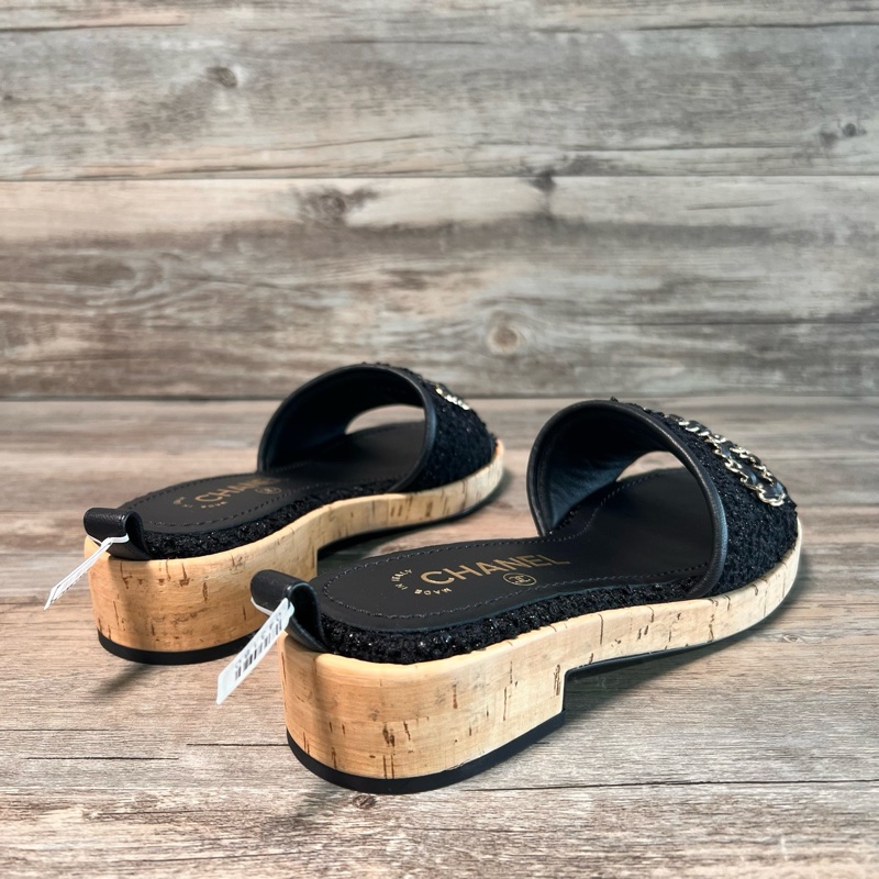 香奈兒chanel 黑色鏈條毛呢大logo字母拖鞋 36碼-2