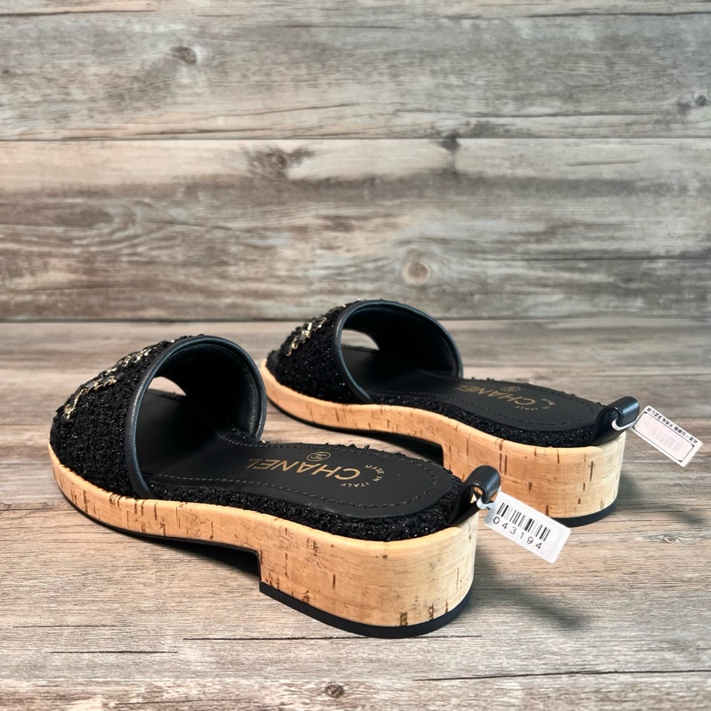 香奈兒chanel 黑色鏈條毛呢大logo字母拖鞋 36碼-3