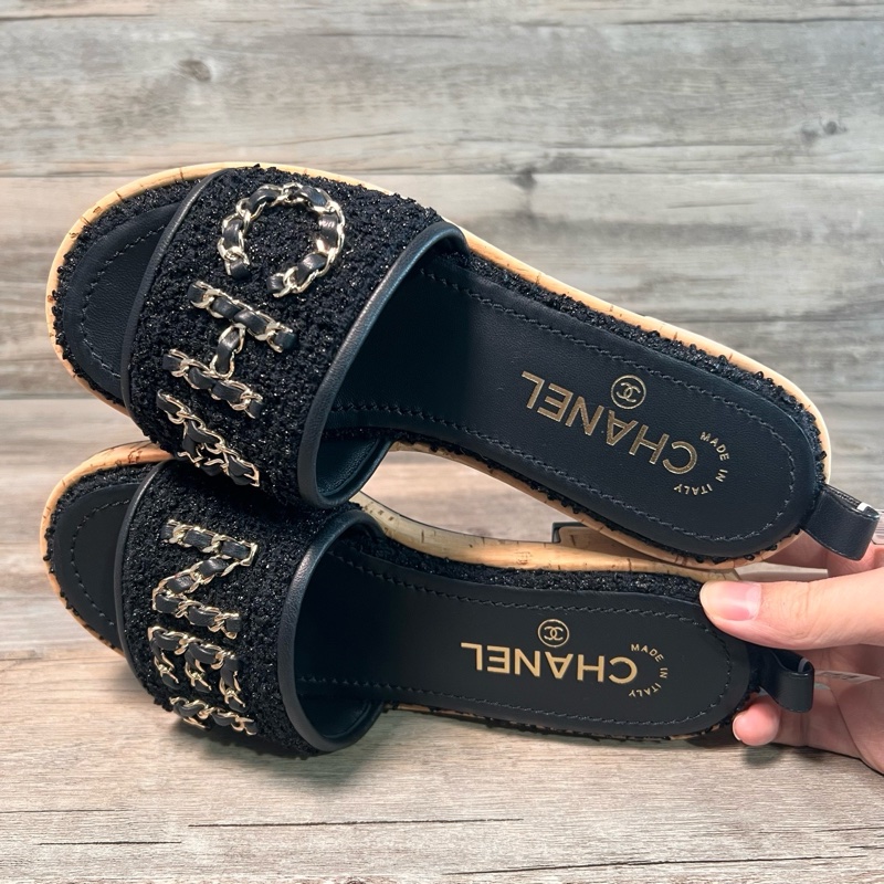 香奈兒chanel 黑色鏈條毛呢大logo字母拖鞋 36碼-4