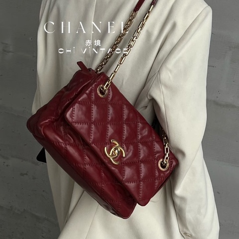 Chanel酒紅色外縫線肩背托特包 25*18  98新配件塵袋