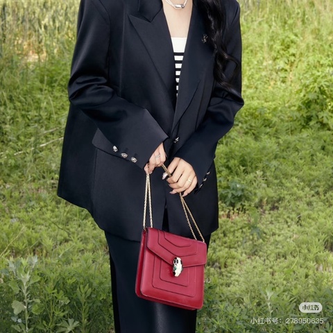 Bvlgari 紅色全皮小號蛇頭鏈條包 20*15  98新配件鏡子塵袋