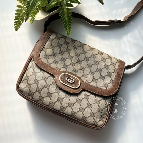 Gucci 老花復古單肩包 PVC × 皮革棕色