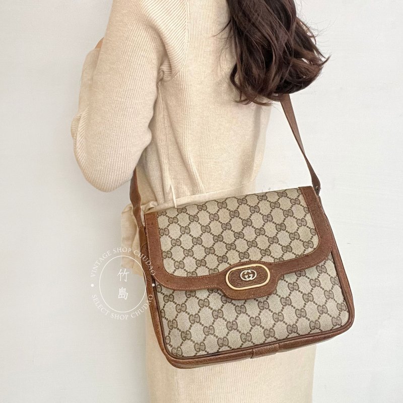 Gucci 老花復古單肩包 PVC × 皮革棕色-9