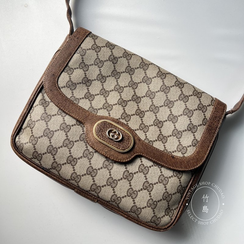 Gucci 老花復古單肩包 PVC × 皮革棕色-16