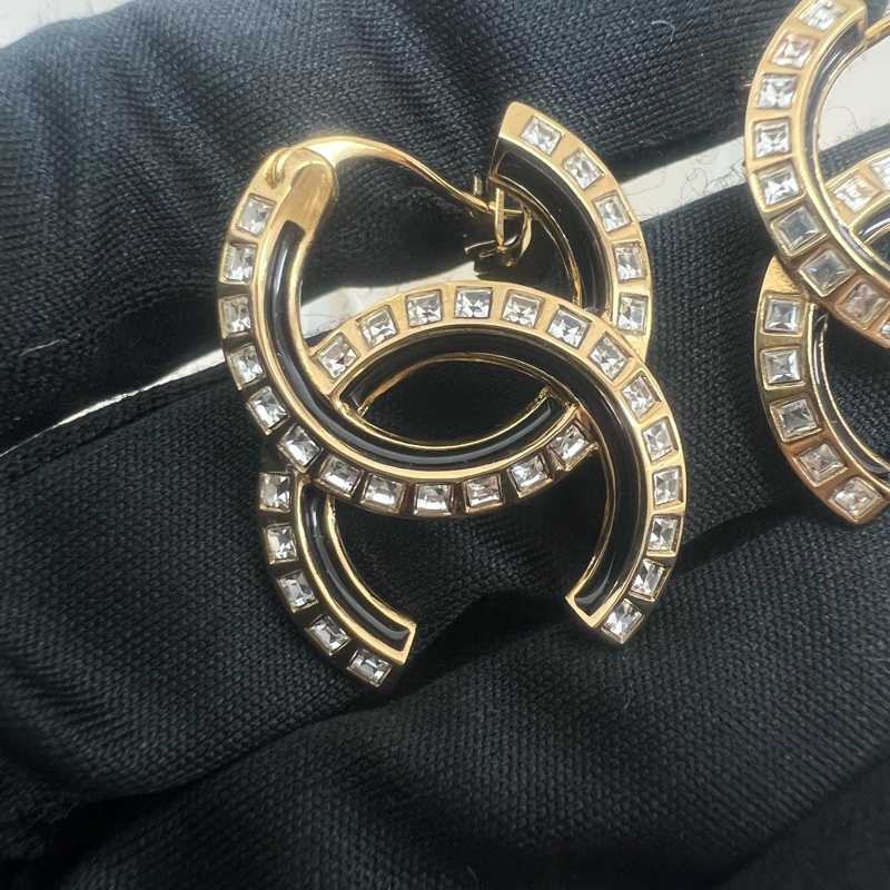 全新 24c 雙c水鑽黑邊耳環吊式-2