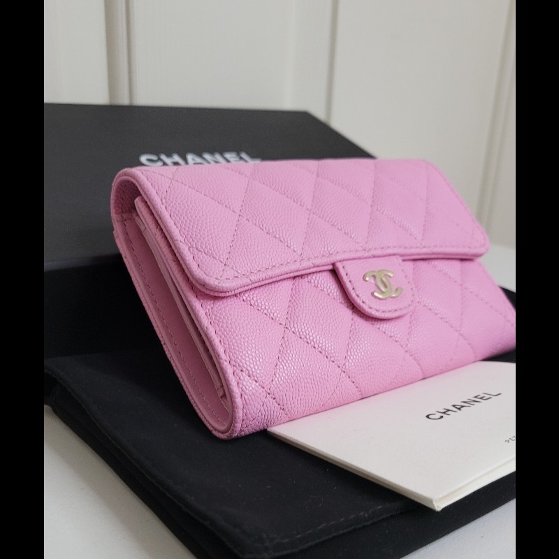 CHANEL🌸 限量櫻花粉 淡金釦 三摺中夾-0