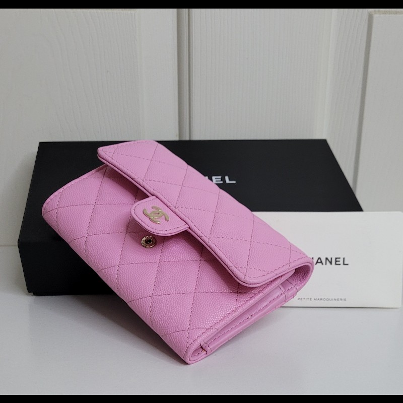 CHANEL🌸 限量櫻花粉 淡金釦 三摺中夾-5