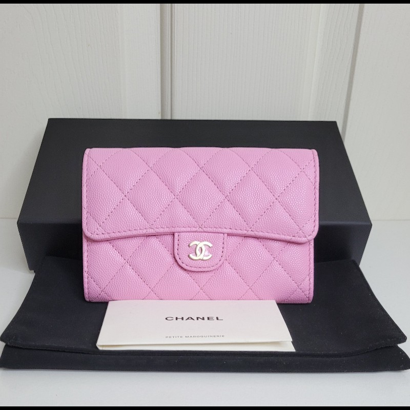 CHANEL🌸 限量櫻花粉 淡金釦 三摺中夾-7